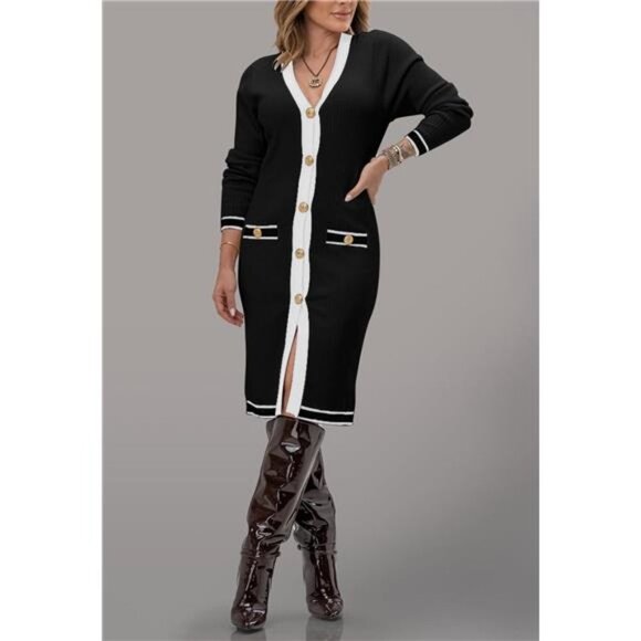 Black Sexy Button Down Midi Sweater Dress V-Neck Colorblock Knit Sweater‎ Dress - Picture 3 of 6